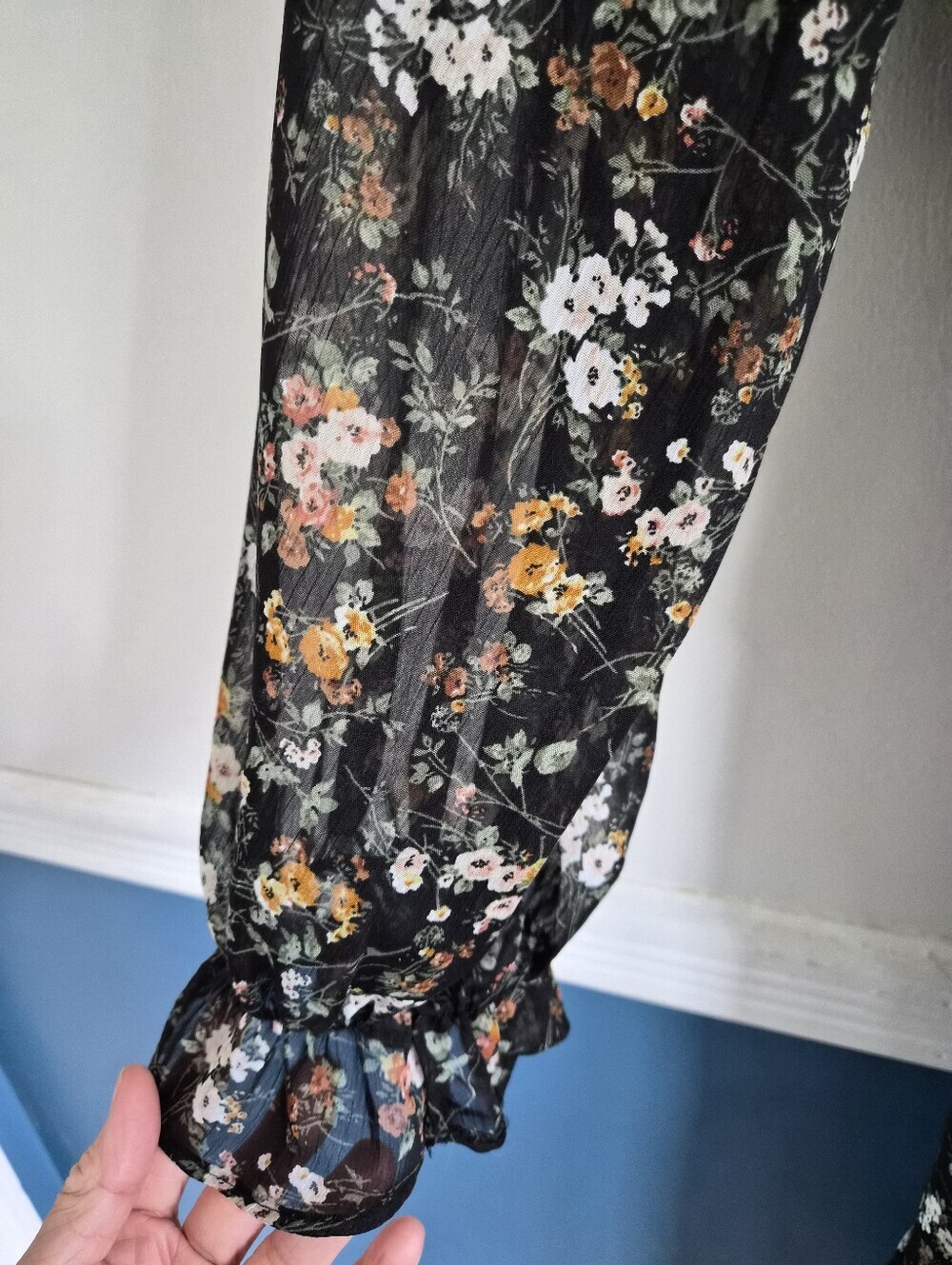 Dex Black Floral Chiffon Boho Long Sleeve Mini Dress, Medium, Cottagecore Vibes - Picture 8 of 14